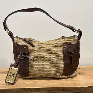 Givenchy Beige Textured Shoulder Bag with Brown Leather Trim